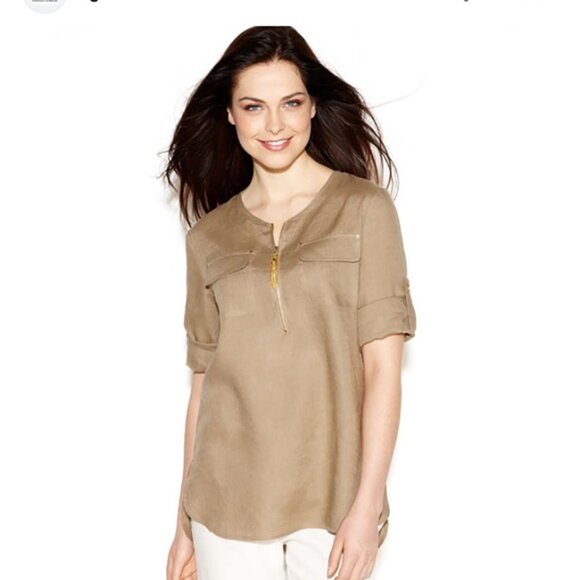 Ellen Tracy Cream Roll Tab Sleeve Linen Tunic Size Small - Picture 16 of 16